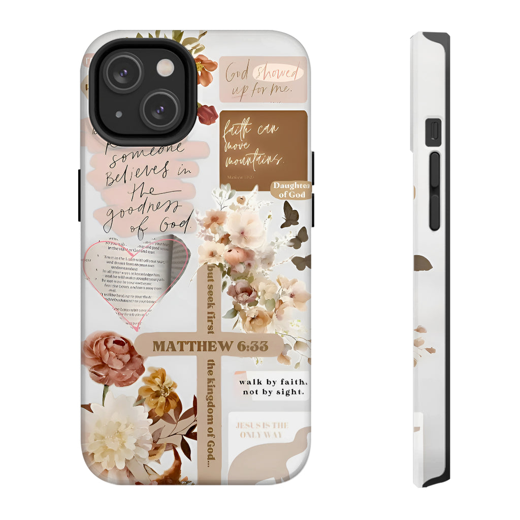 Floral Cross Bible Verse Art iPhone Case | MagSafe Compatible