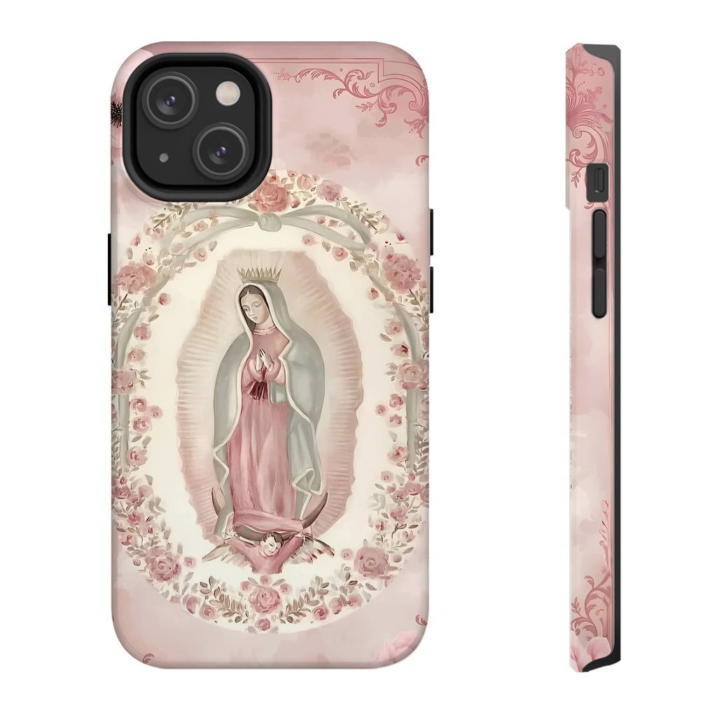 Soft Pink Floral Our Lady of Guadalupe Art iPhone Case | MagSafe Compatible