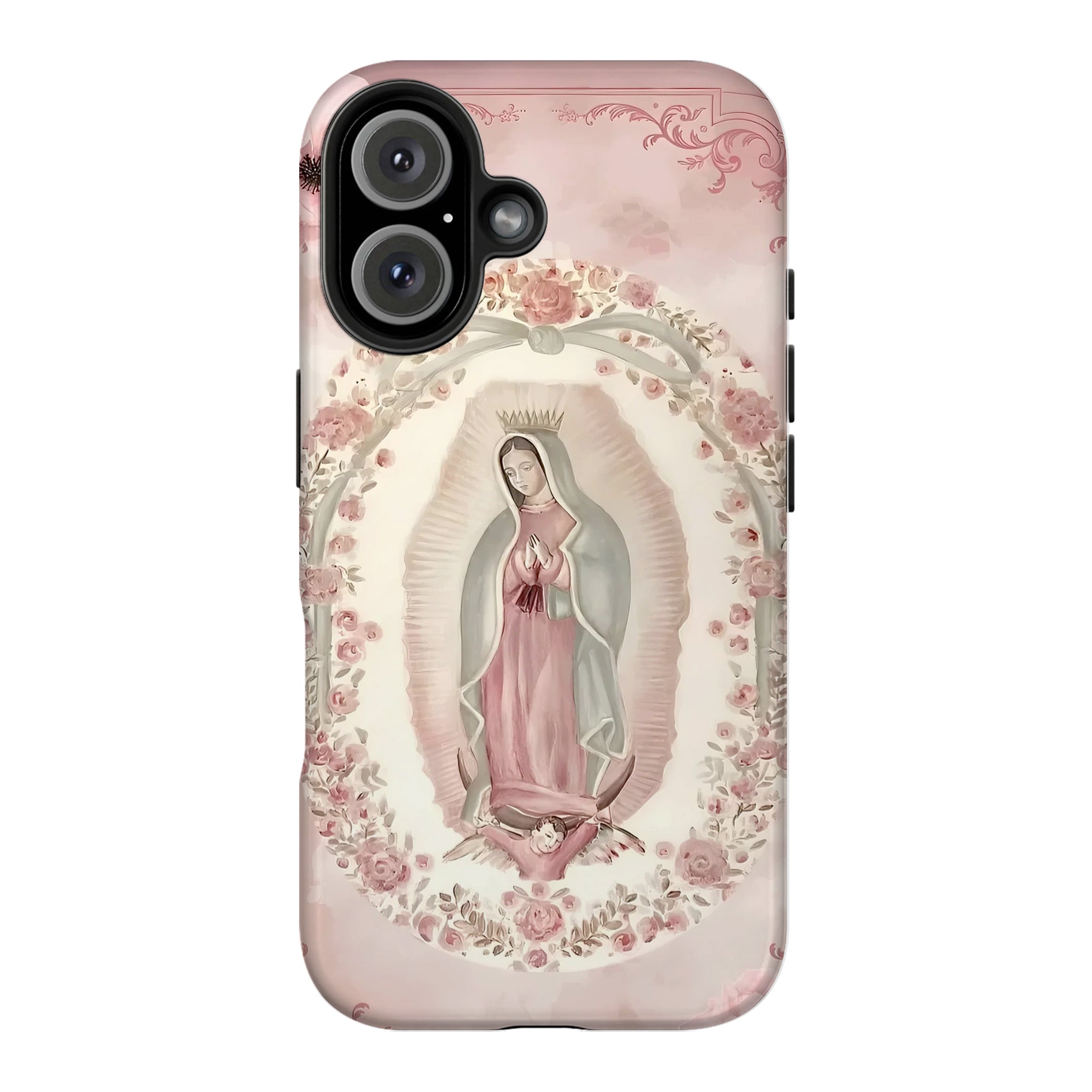 Soft Pink Floral Our Lady of Guadalupe Art iPhone Case | MagSafe Compatible