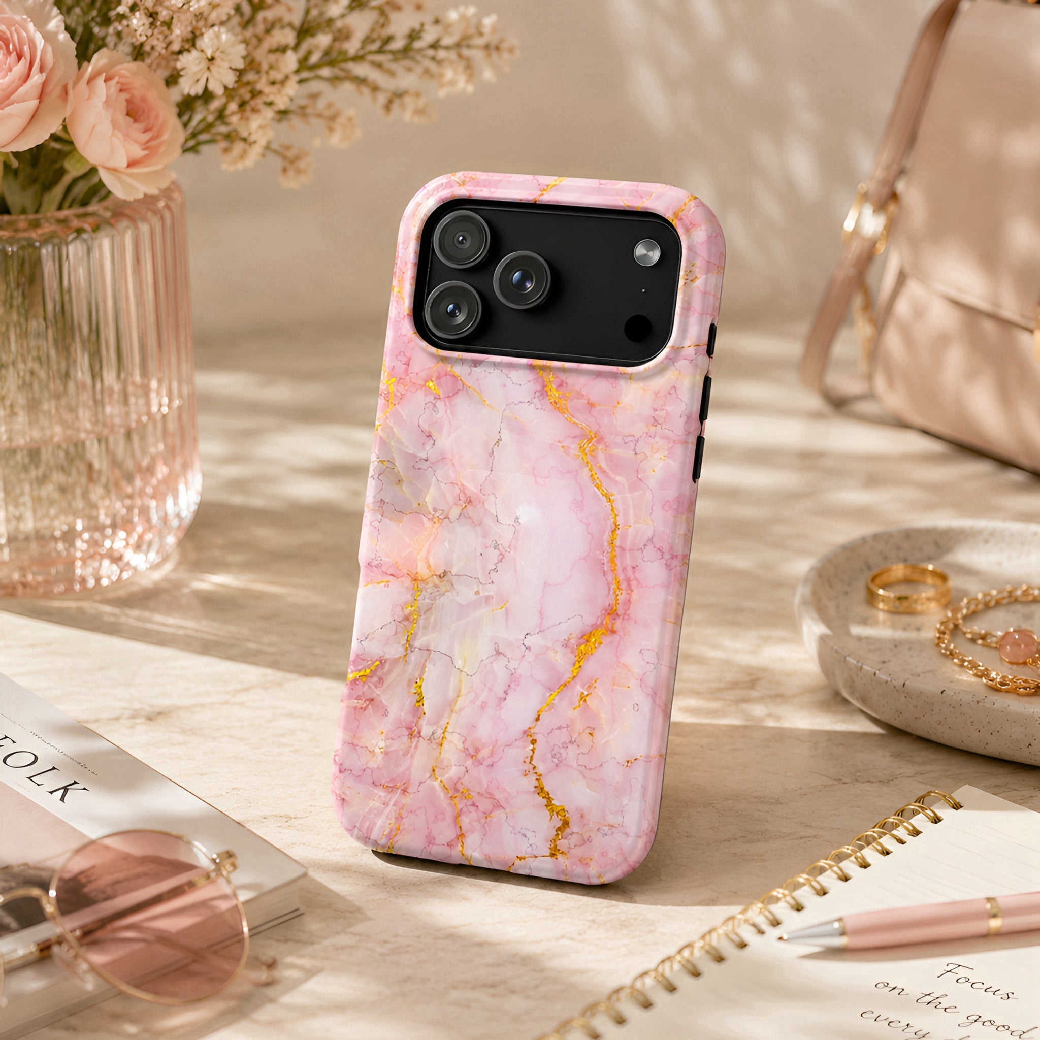 Luxury Blush Pink Gold Foil Marble iPhone Case | MagSafe Compatible