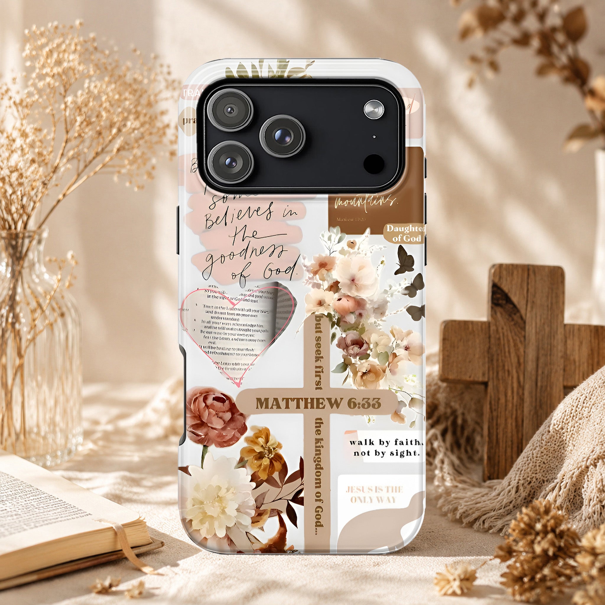 Floral Cross Bible Verse Art iPhone Case | MagSafe Compatible