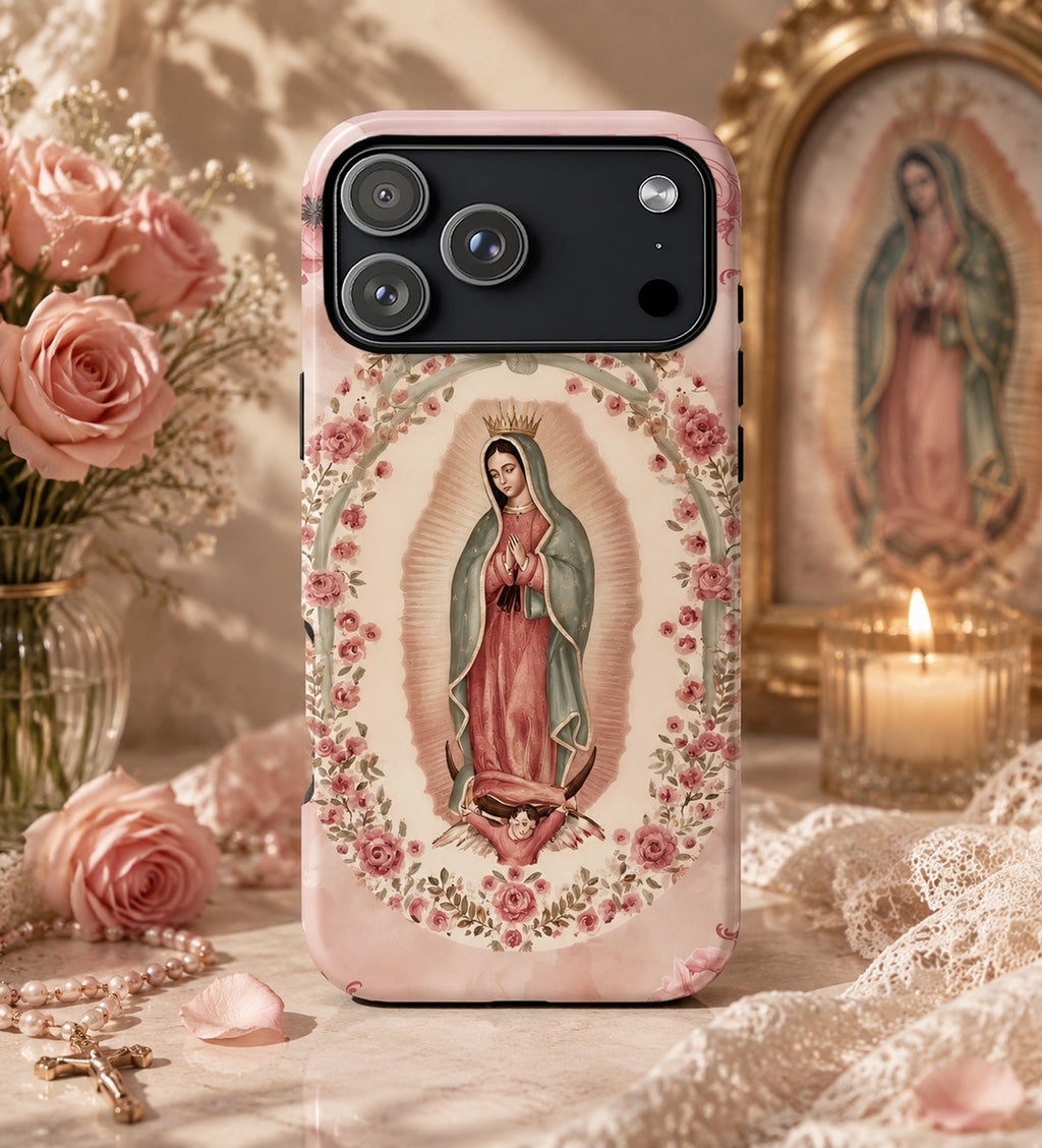 Soft Pink Floral Our Lady of Guadalupe Art iPhone Case | MagSafe Compatible
