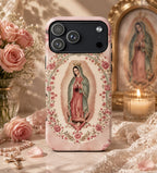 Soft Pink Floral Our Lady of Guadalupe Art iPhone Case | MagSafe Compatible
