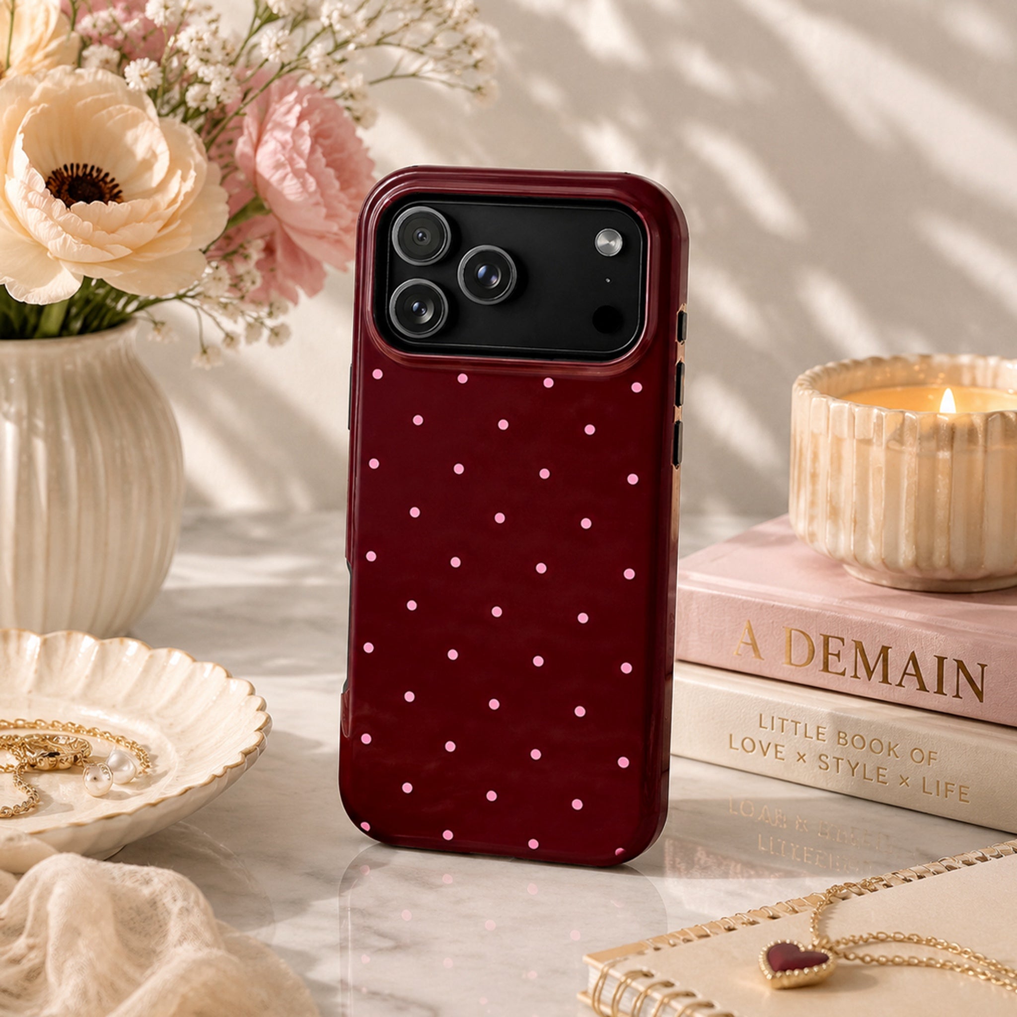 Burgundy Polka Dot Art iPhone Case | MagSafe Compatible