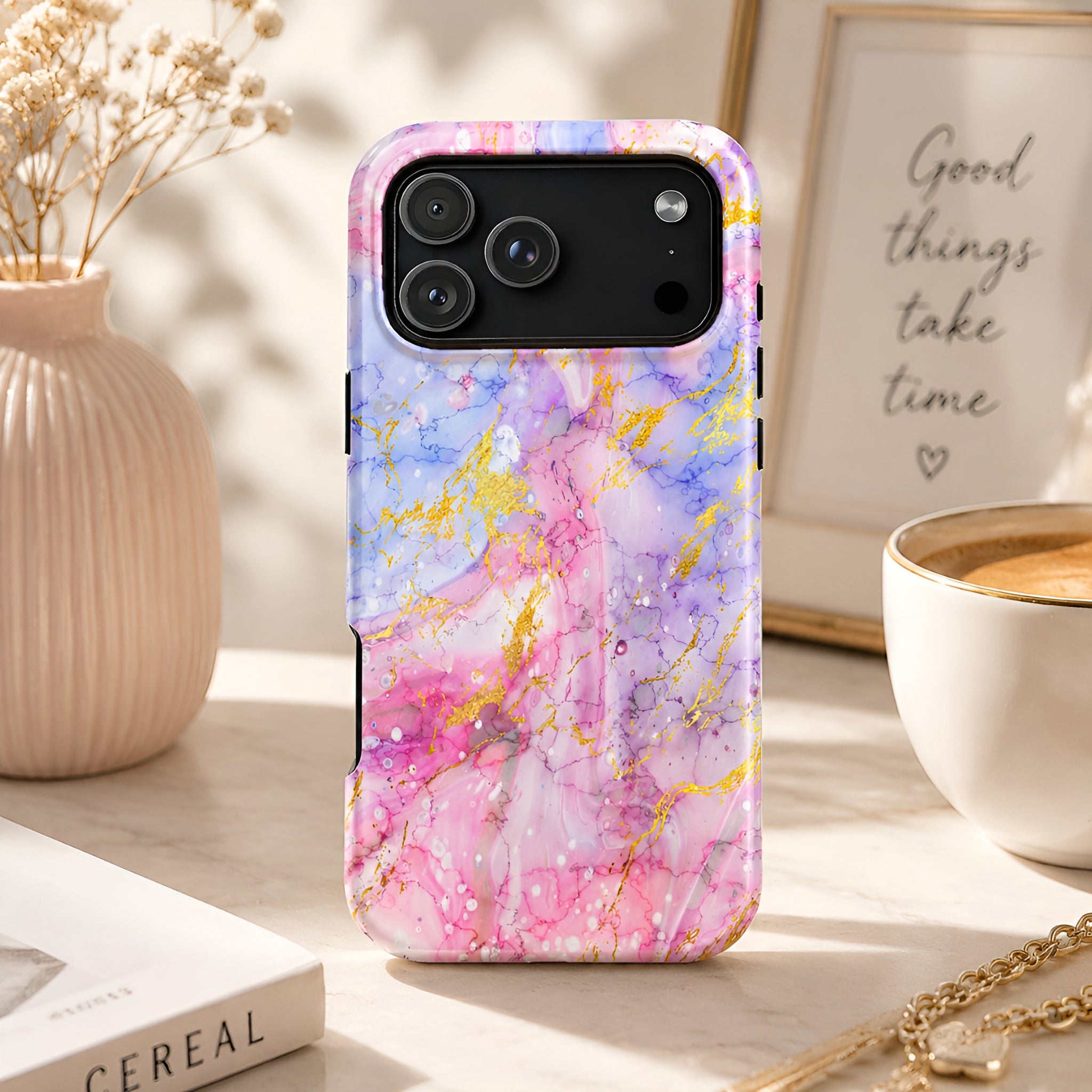 Luxury Pink Blue Gold Marble iPhone Case | MagSafe Compatible