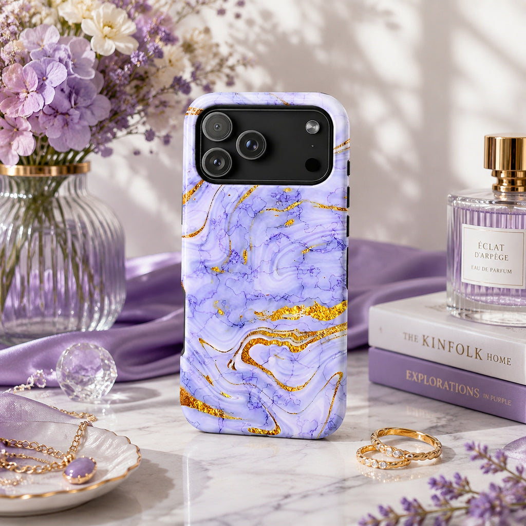 Luxury Lavender Blue Gold Marble iPhone Case | MagSafe Compatible