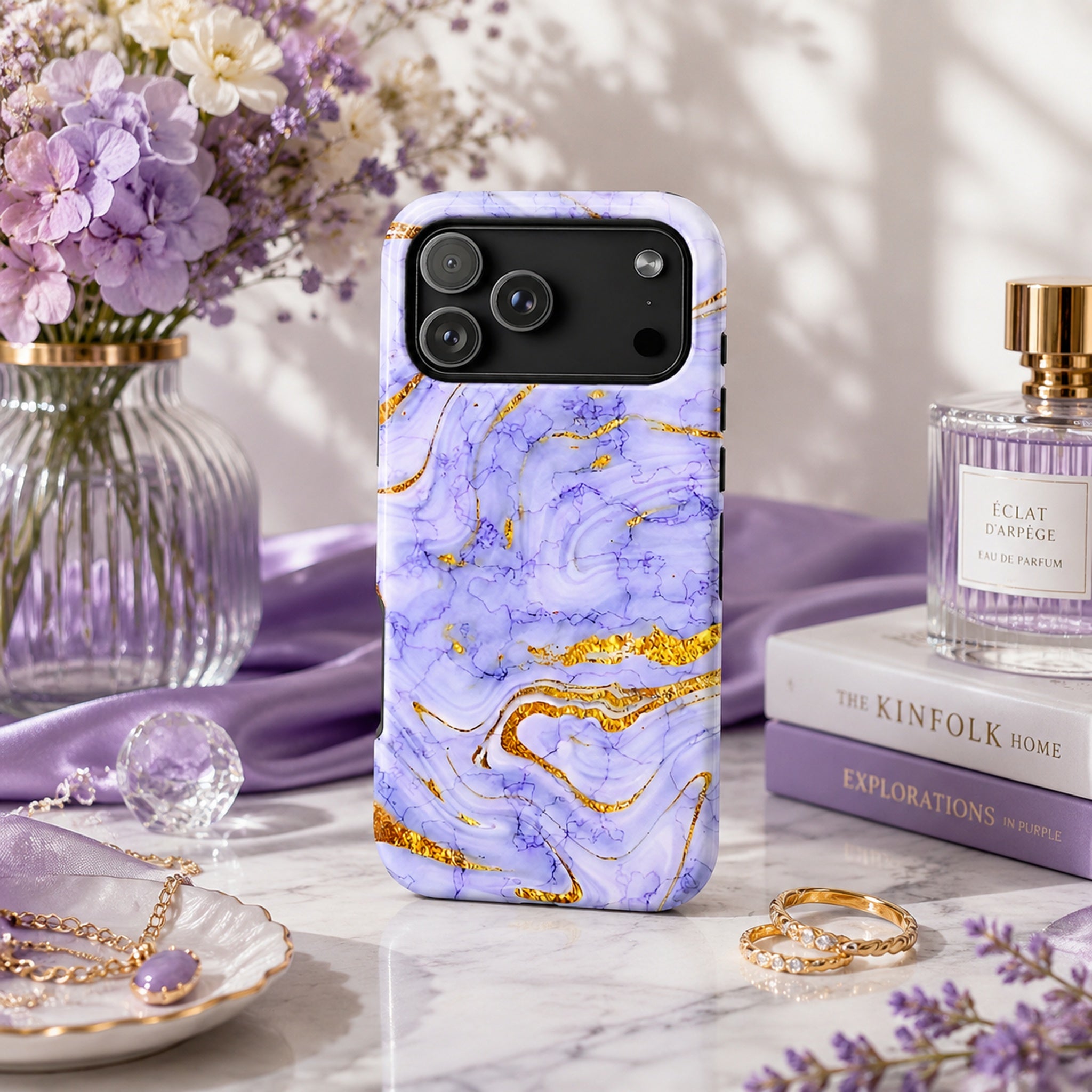 Luxury Lavender Blue Gold Marble iPhone Case | MagSafe Compatible