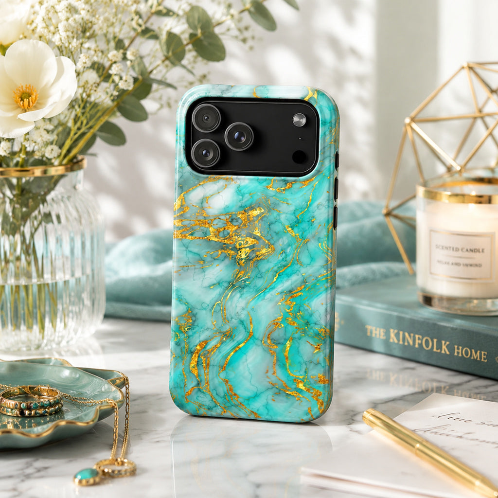 Luxury Turquoise Gold Marble iPhone Case | MagSafe Compatible