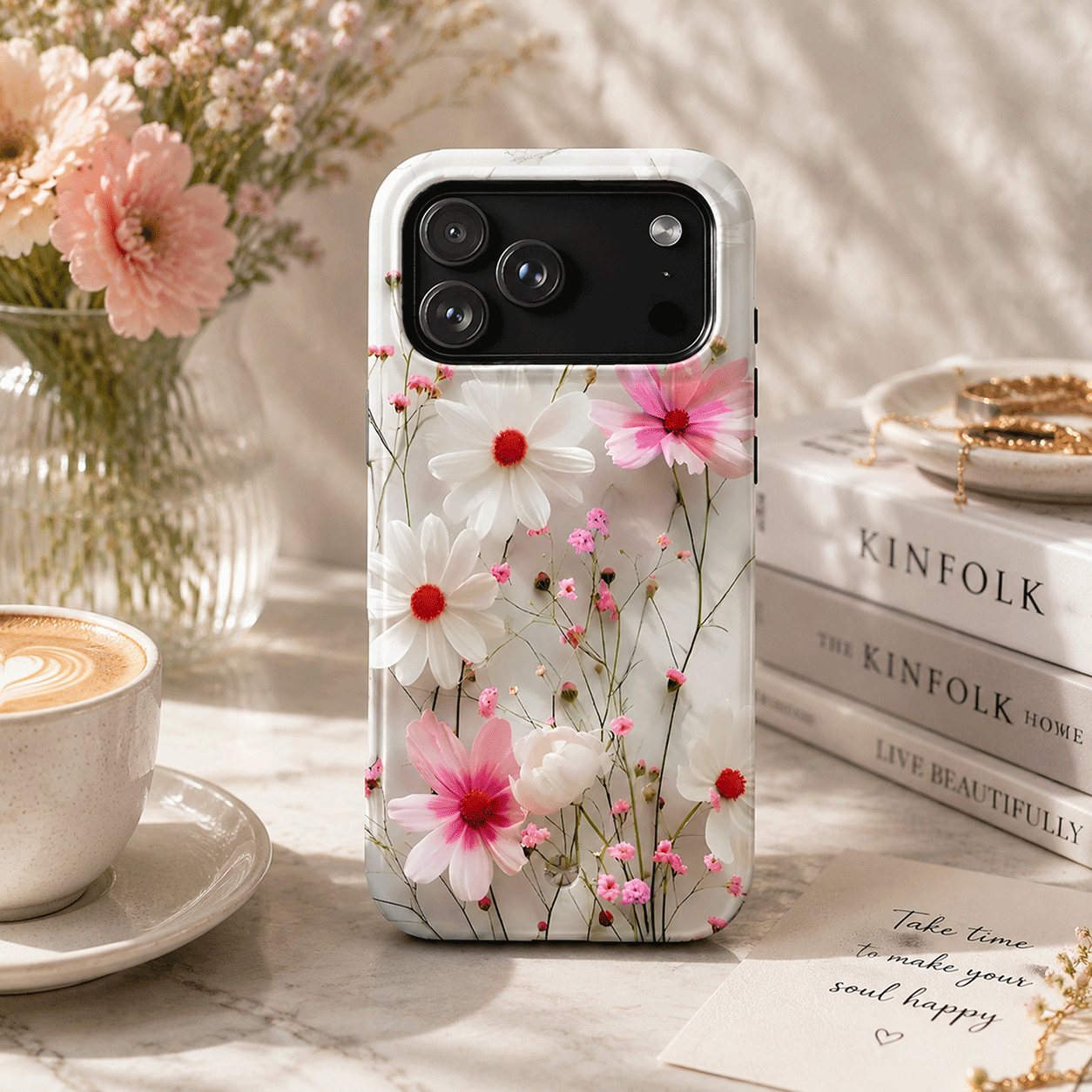 Pink White Daisy Floral iPhone Case | MagSafe Compatible